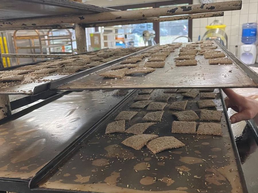 Bakplaten met onze eerste proefcrackers bij Bakkerij Vanderveken